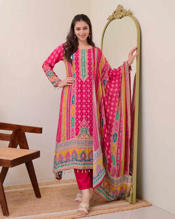 Liha Fashion - Fuchsia Heritage Muslin Cotton Mirror Work A-Line Suit Set