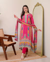 Liha Fashion - Fuchsia Heritage Muslin Cotton Mirror Work A-Line Suit Set