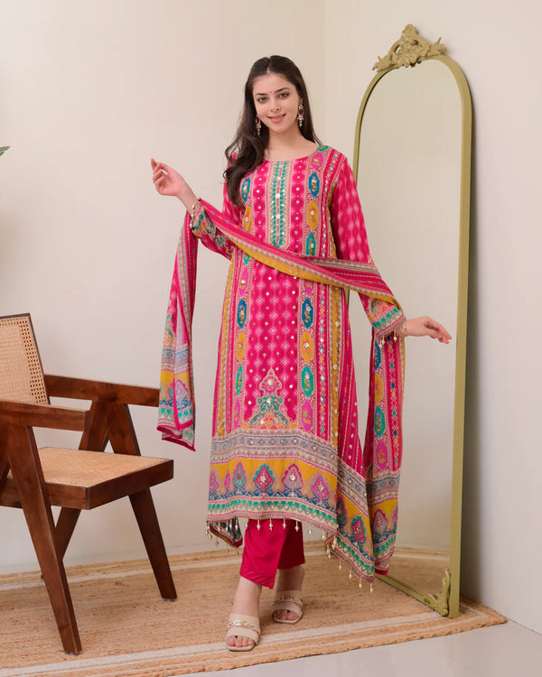 Liha Fashion - Fuchsia Heritage Muslin Cotton Mirror Work A-Line Suit Set