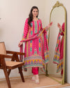 Liha Fashion - Fuchsia Heritage Muslin Cotton Mirror Work A-Line Suit Set