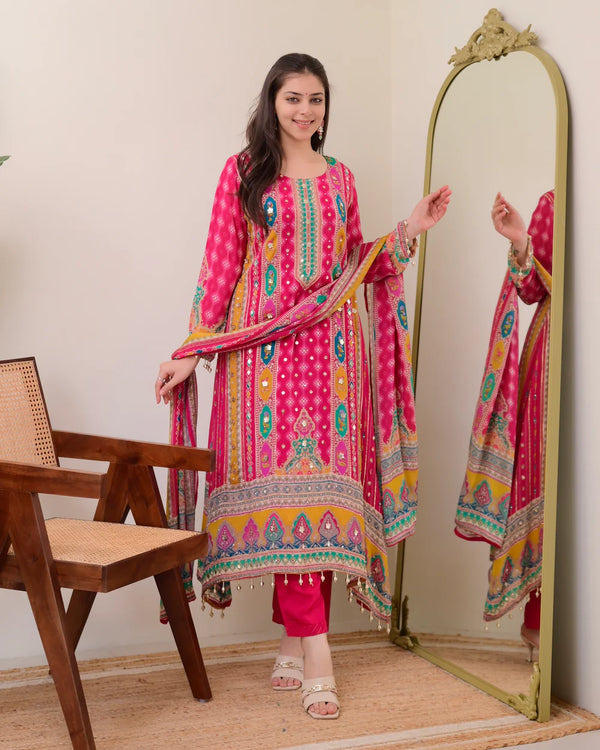 Liha Fashion - Fuchsia Heritage Muslin Cotton Mirror Work A-Line Suit Set