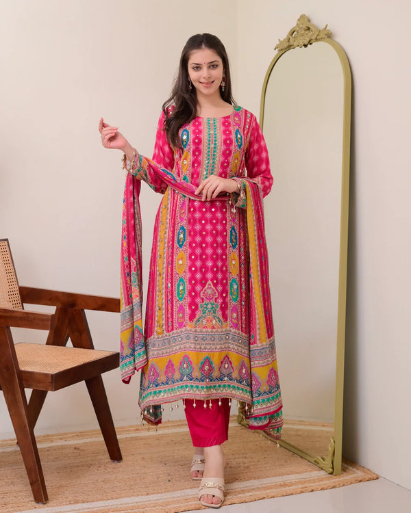 Liha Fashion - Fuchsia Heritage Muslin Cotton Mirror Work A-Line Suit Set