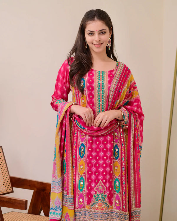 Liha Fashion - Fuchsia Heritage Muslin Cotton Mirror Work A-Line Suit Set