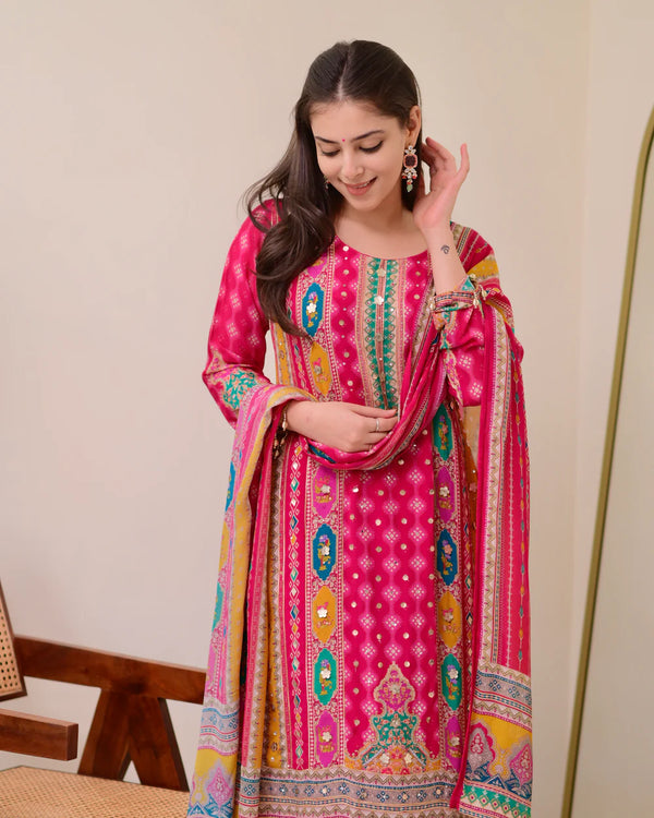 Liha Fashion - Fuchsia Heritage Muslin Cotton Mirror Work A-Line Suit Set