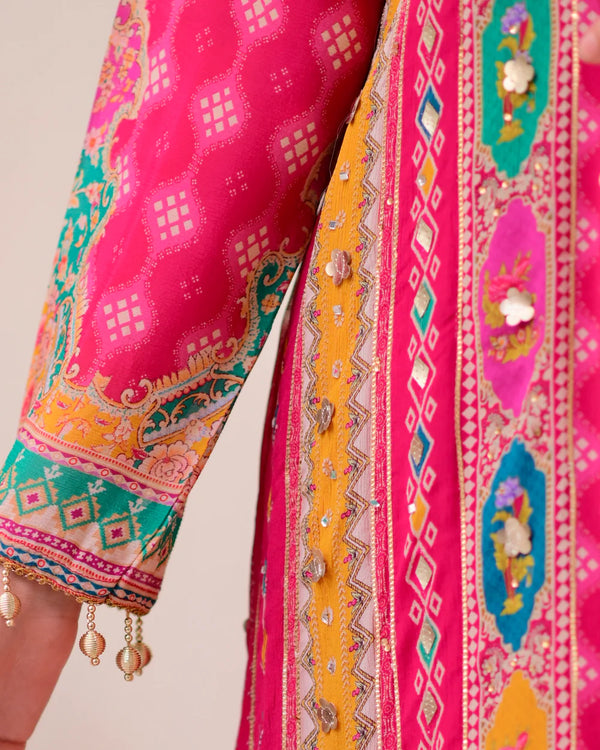 Liha Fashion - Fuchsia Heritage Muslin Cotton Mirror Work A-Line Suit Set