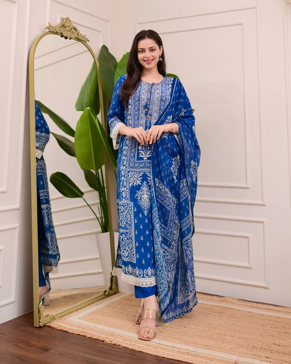 Liha Fashion - Royal Indigo Mirror Muslin Suit Set