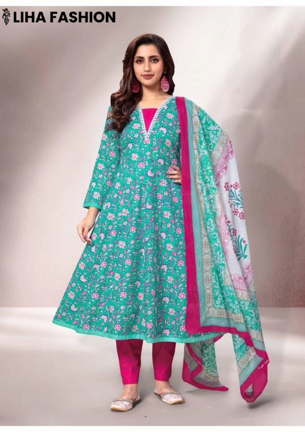 Gulabi Jaipur – Aqua Pink Blossom | Cotton Anarkali Suit Set