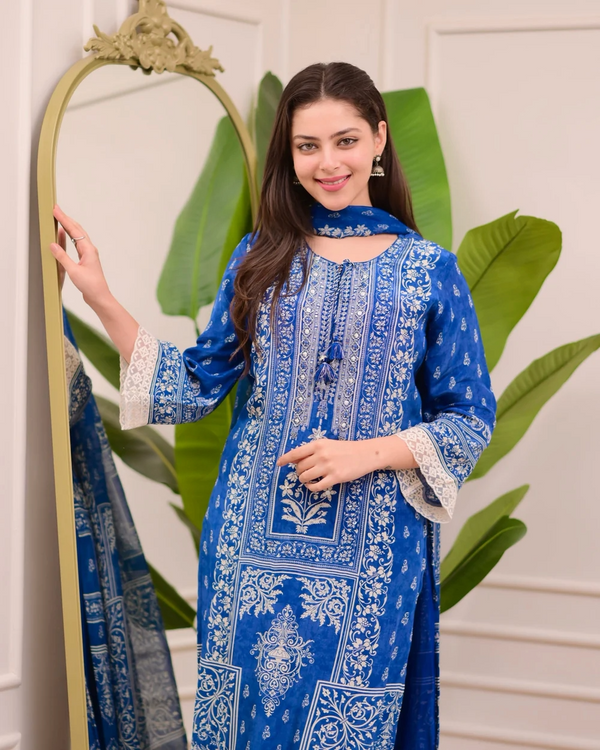 Liha Fashion - Royal Indigo Mirror Muslin Suit Set