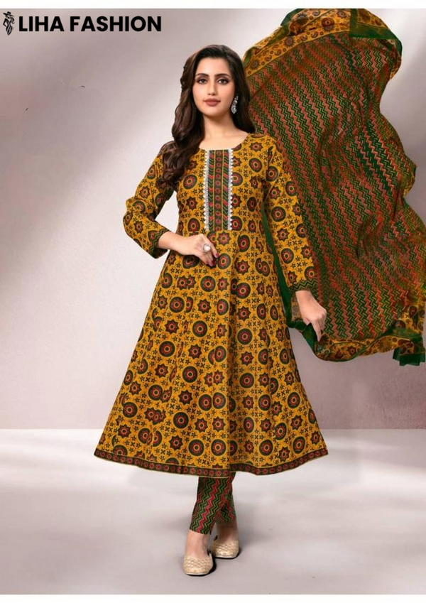 Gulabi Jaipur – Mustard Mandala Glow | Cotton Anarkali Suit Set